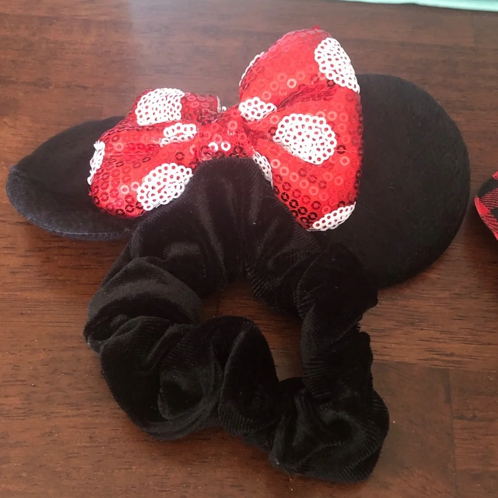 Handmade Women’s Minnie-Style Ear Scrunchie with Sequin Bow & Plaid Bow